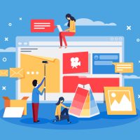 Creation of web design for site. Development team doing project. Vector illustration